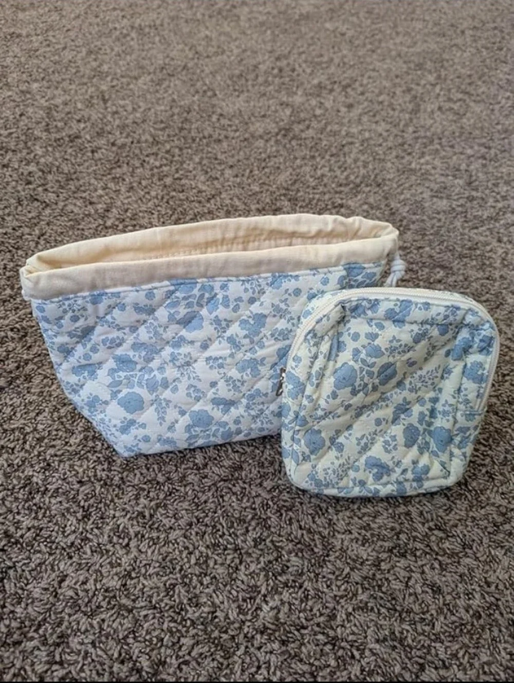 New ​Cottagecore 2pc Quilted Floral Drawstring Pouch Zipper Cosmetic Makeup Case
